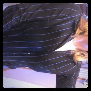 Sheer black blouse with blue vertical pinstripes